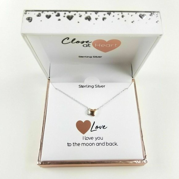 NWT NIB Close At Heart Two Tone Moon and Heart Sterling Silver Necklace - Picture 2 of 5